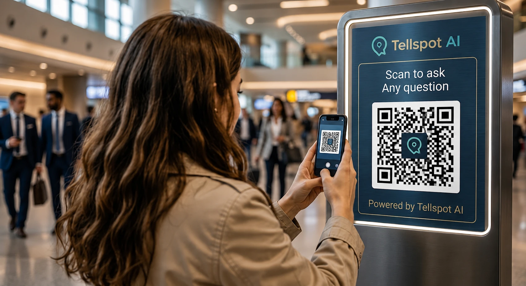 A traveler scans a Tellspot AI QR code at an airport information stand.